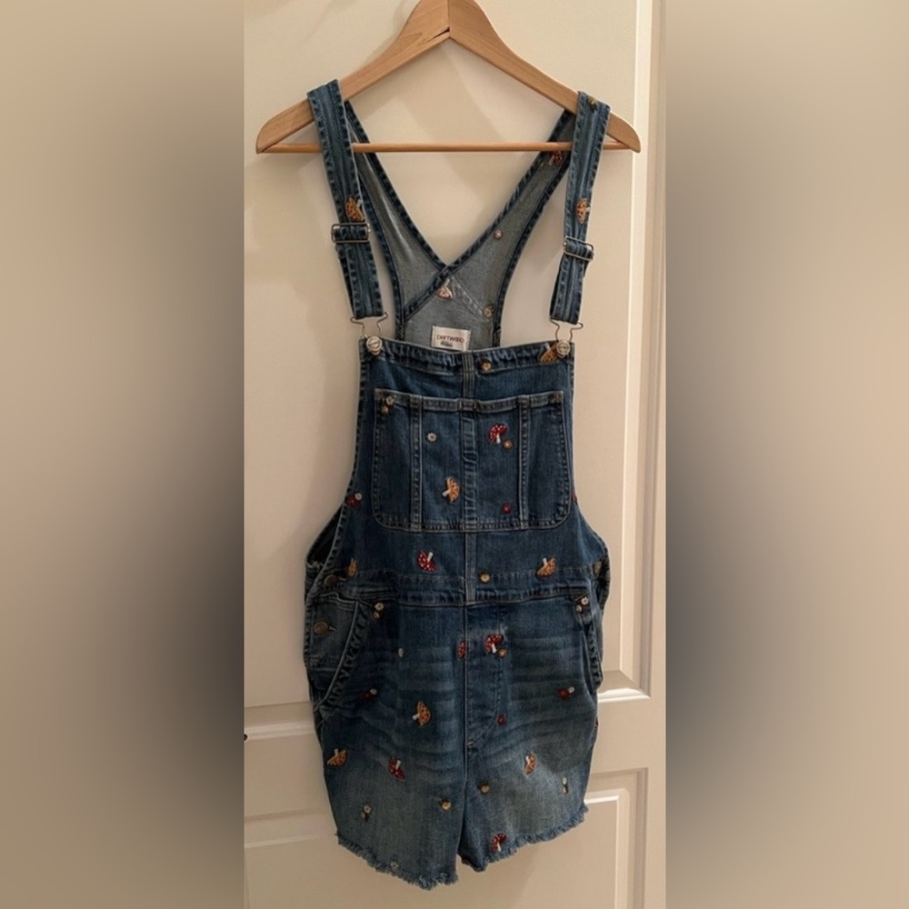 DRIFTWOOD x Anthropologie Blue Denim Overalls with Cute Mushroom Embroidery. - Picture 4 of 9